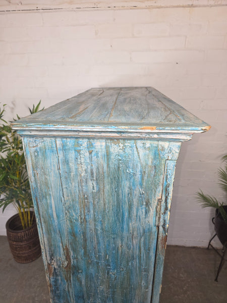 Large Vintage Indian Blue Glazed Wooden Kitchen Bathroom Drinks Display Cabinet