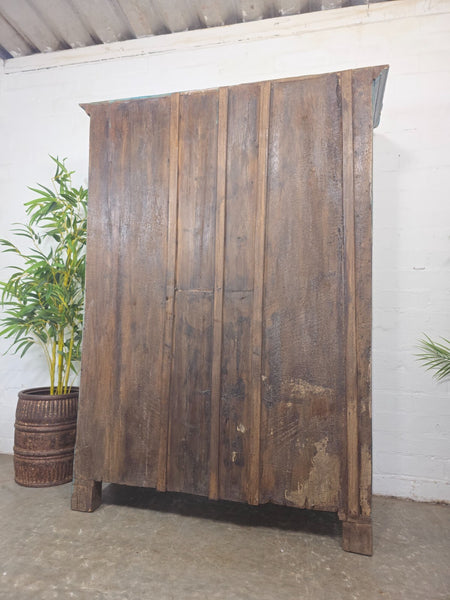 Large Vintage Indian Blue Glazed Wooden Kitchen Bathroom Drinks Display Cabinet
