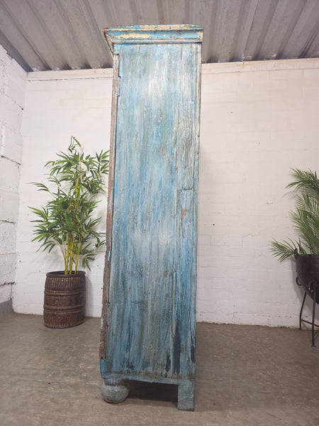 Large Vintage Indian Blue Glazed Wooden Kitchen Bathroom Drinks Display Cabinet