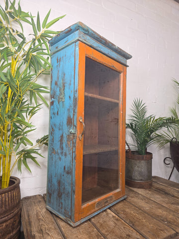 Large Vintage Rustic Indian Wooden Glazed Display Bathroom Kitchen Wall Cabinet