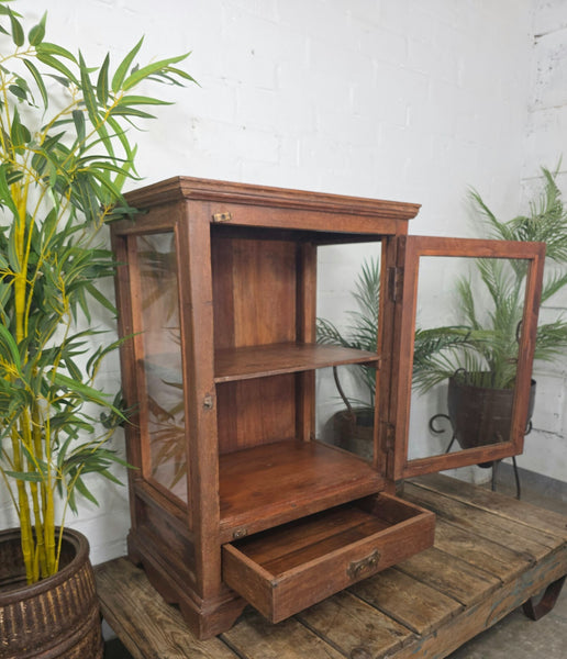 Vintage Indian Glazed Colonial Teak Wood Kitchen Bathroom Drinks Display Cabinet