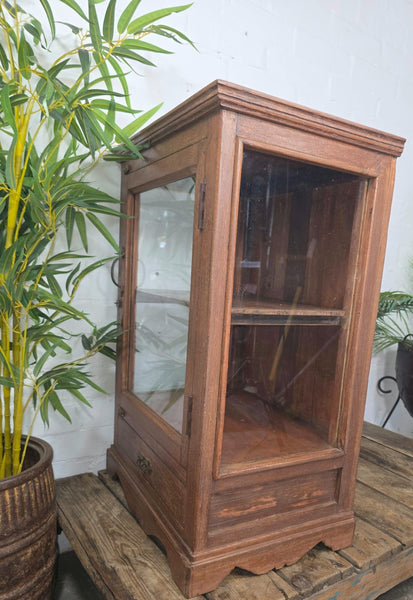 Vintage Indian Glazed Colonial Teak Wood Kitchen Bathroom Drinks Display Cabinet