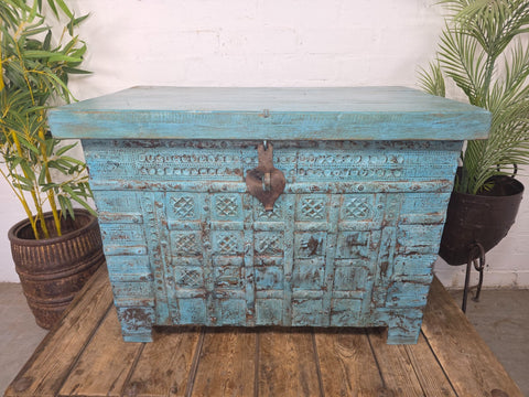 Antique Vintage Indian Reclaimed Solid Wooden Dowry Storage Chest Trunk Ottoman
