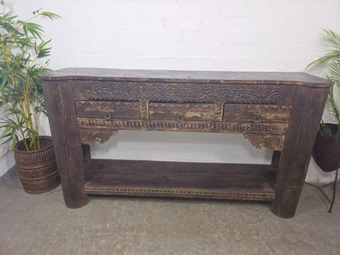 Reclaimed Vintage Hand Carved Indian Solid Wooden Hallway Console Table
