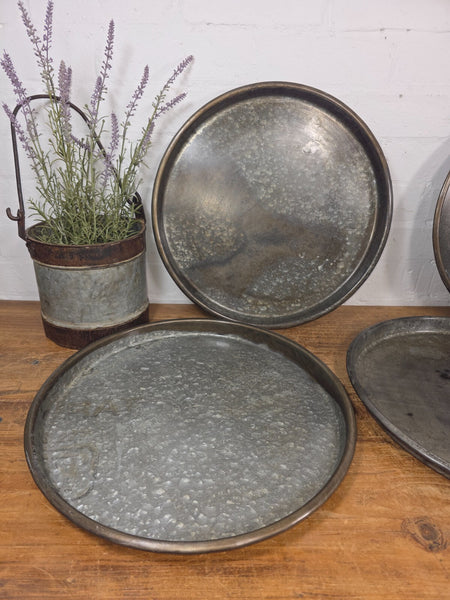 Large Round Industrial Vintage Rustic Zinc Galvanised Metal Serving Drinks Tray