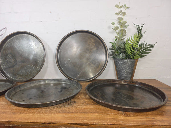 Large Round Industrial Vintage Rustic Zinc Galvanised Metal Serving Drinks Tray