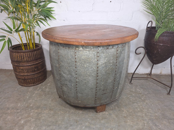 Vintage Reclaimed Galvanised Riveted Metal Barrel Drum Coffee Side Table