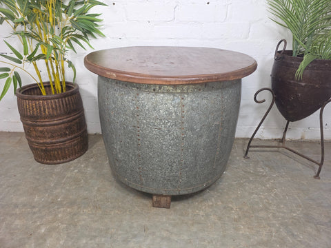 Vintage Reclaimed Galvanised Riveted Metal Barrel Drum Coffee Side Table