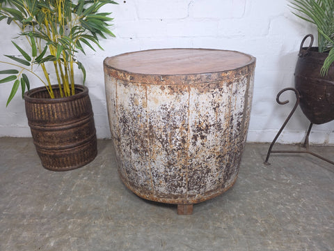 Vintage Reclaimed Galvanised Riveted Metal Barrel Drum Coffee Side Table