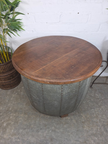 Vintage Reclaimed Galvanised Riveted Metal Barrel Drum Coffee Side Table