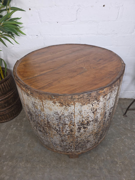 Vintage Reclaimed Galvanised Riveted Metal Barrel Drum Coffee Side Table