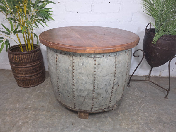 Vintage Reclaimed Galvanised Riveted Metal Barrel Drum Coffee Side Table