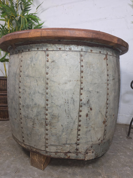 Vintage Reclaimed Galvanised Riveted Metal Barrel Drum Coffee Side Table
