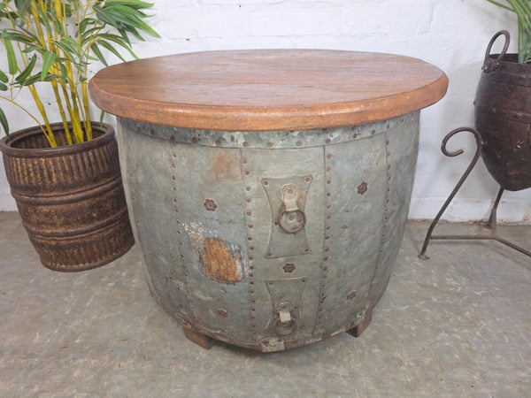 Vintage Reclaimed Galvanised Riveted Metal Barrel Drum Coffee Side Table