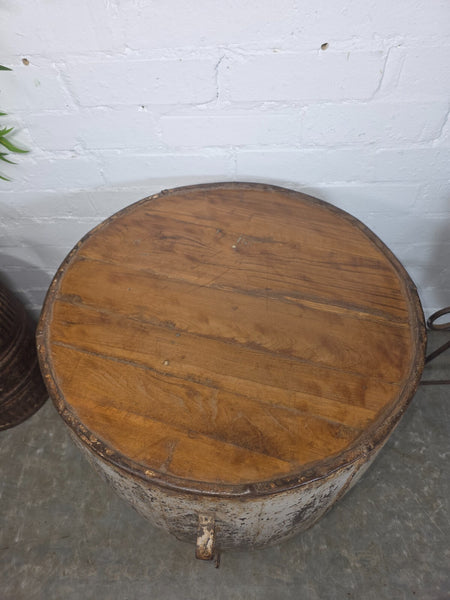 Vintage Reclaimed Galvanised Riveted Metal Barrel Drum Coffee Side Table