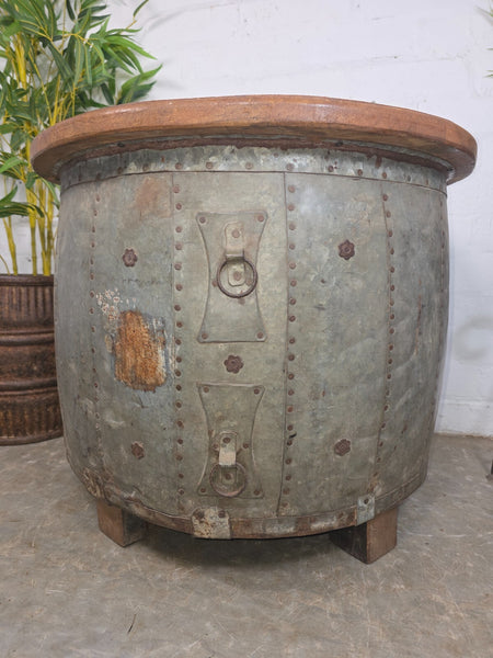 Vintage Reclaimed Galvanised Riveted Metal Barrel Drum Coffee Side Table