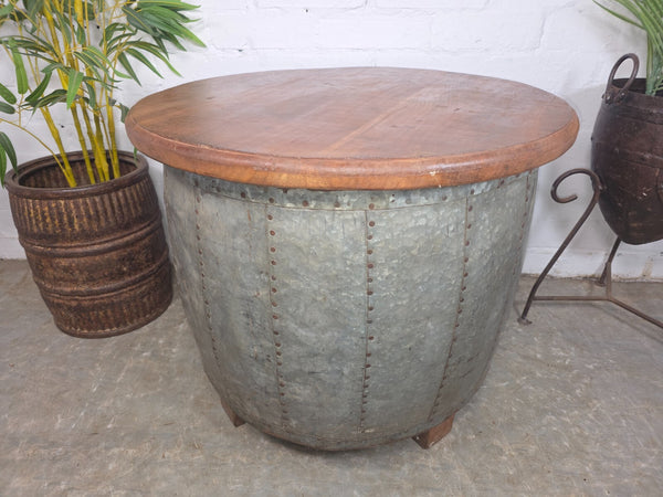 Vintage Reclaimed Galvanised Riveted Metal Barrel Drum Coffee Side Table