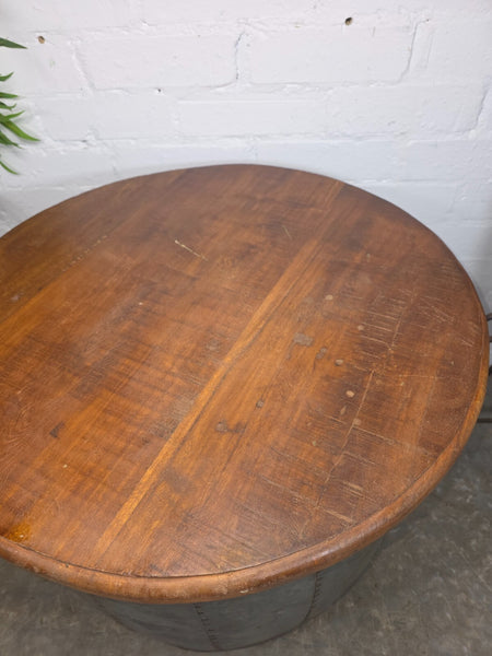 Vintage Reclaimed Galvanised Riveted Metal Barrel Drum Coffee Side Table