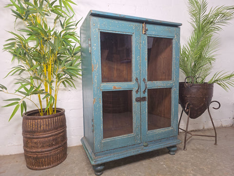 Vintage Indian Glazed Blue Wooden Kitchen Bathroom Drinks Display Cabinet