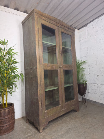 Large Vintage Indian Glazed Wooden Kitchen Drinks Display Cabinet Cupboard