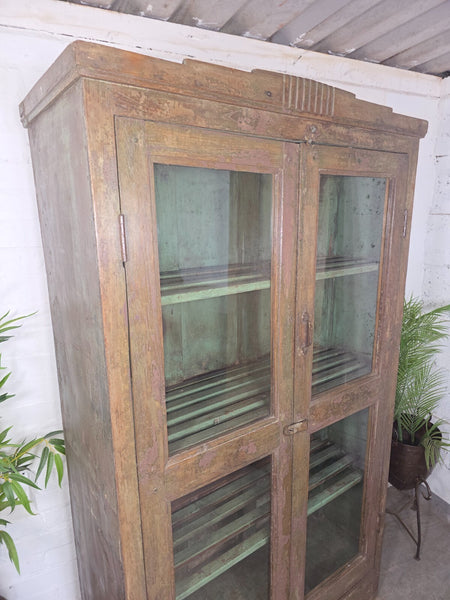 Large Vintage Indian Glazed Wooden Kitchen Drinks Display Cabinet Cupboard
