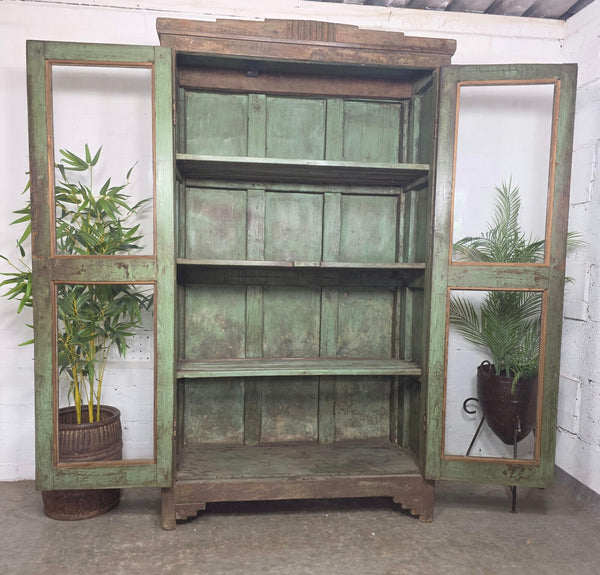 Large Vintage Indian Glazed Wooden Kitchen Drinks Display Cabinet Cupboard