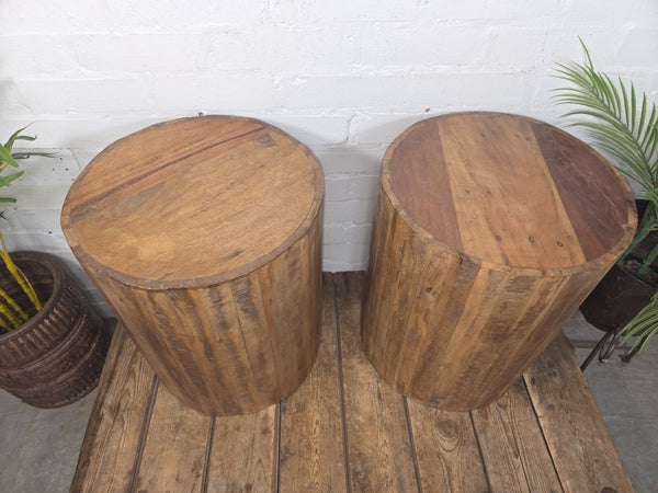 Rustic Reclaimed Hand Made Solid Wooden Barrel Side Bedside Table Plant Stand