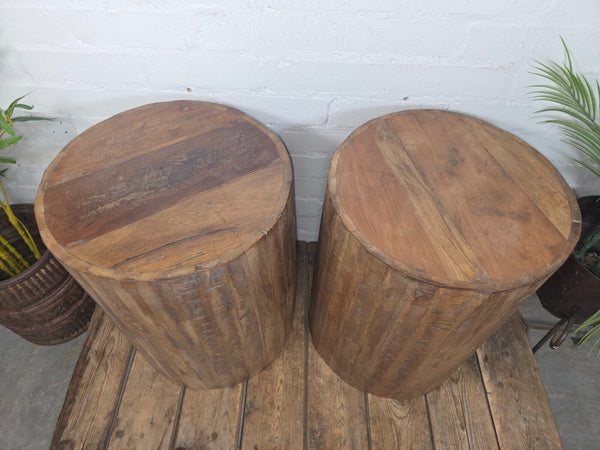 Rustic Reclaimed Hand Made Solid Wooden Barrel Side Bedside Table Plant Stand