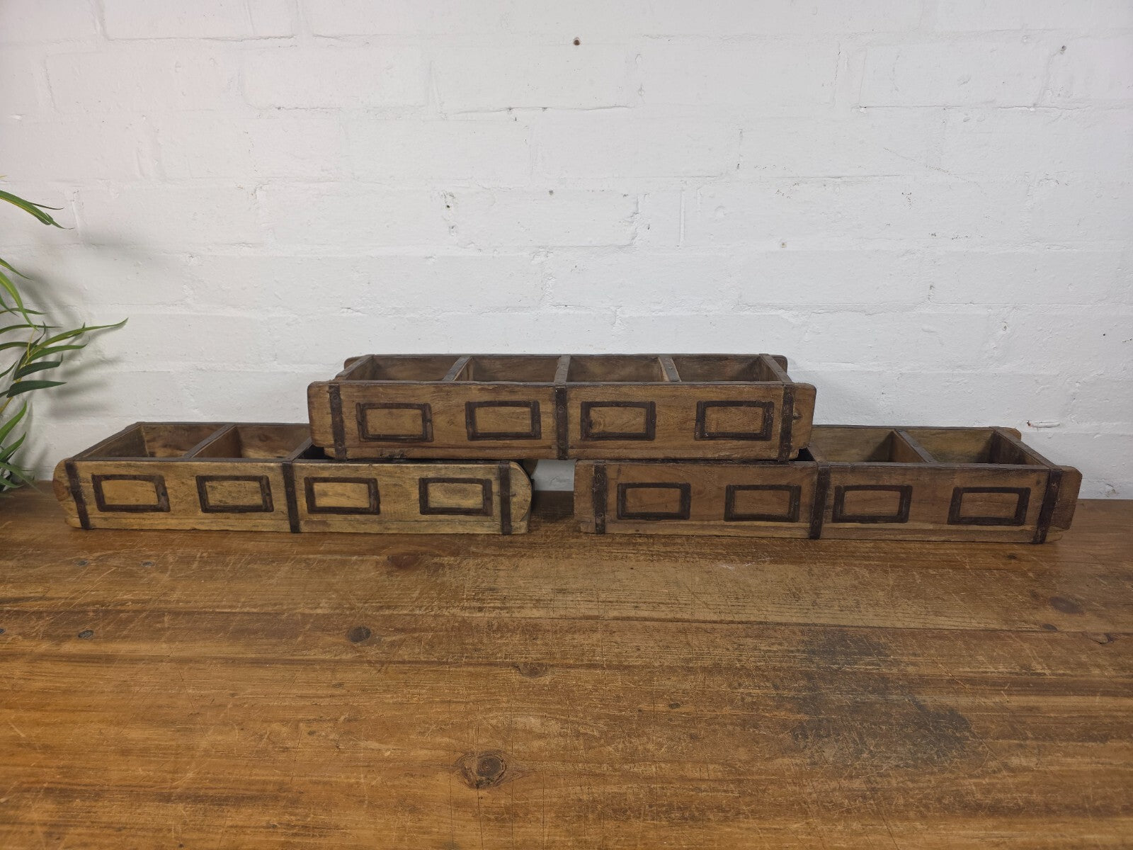 Vintage Indian Double Wooden Brick Mould Display Shelf Herb Planter Window Box