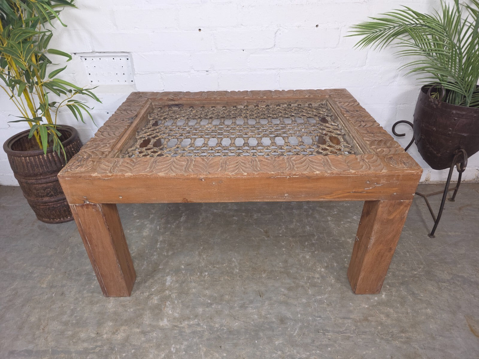 Vintage Reclaimed Indian Solid Wooden Iron Lattice Coffee Side Table Plant Stand
