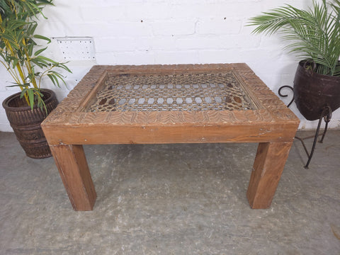 Vintage Reclaimed Indian Solid Wooden Iron Lattice Coffee Side Table Plant Stand