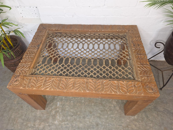 Vintage Reclaimed Indian Solid Wooden Iron Lattice Coffee Side Table Plant Stand