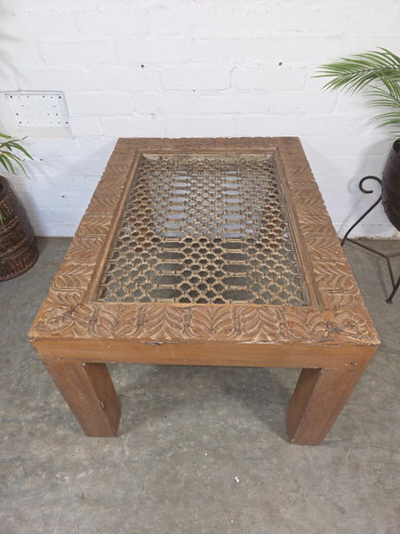 Vintage Reclaimed Indian Solid Wooden Iron Lattice Coffee Side Table Plant Stand