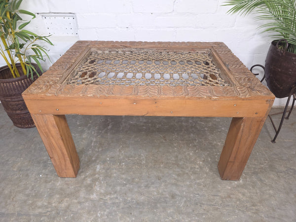 Vintage Reclaimed Indian Solid Wooden Iron Lattice Coffee Side Table Plant Stand