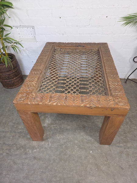 Vintage Reclaimed Indian Solid Wooden Iron Lattice Coffee Side Table Plant Stand