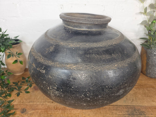 Large Antique Vintage Rustic Wabi Sabi Clay Ceramic Indian Water Pot Vase Lota