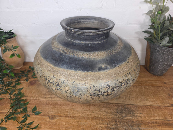 Large Antique Vintage Rustic Wabi Sabi Clay Ceramic Indian Water Pot Vase Lota
