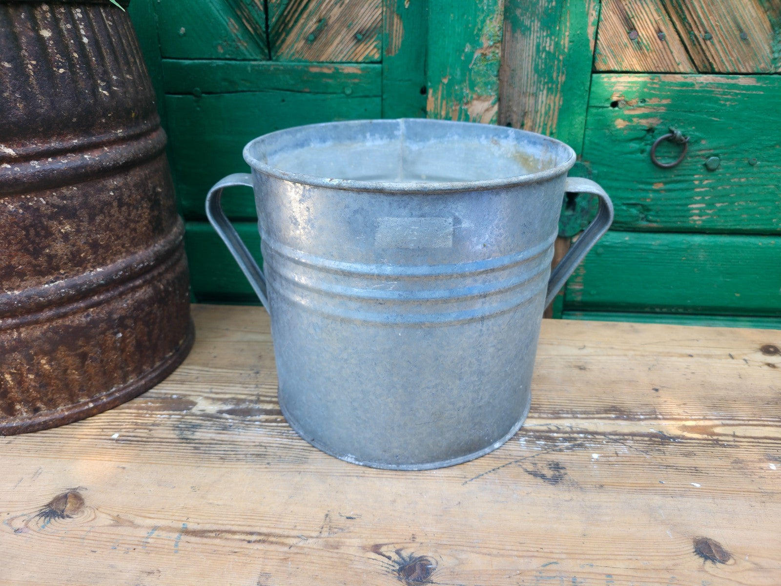 Vintage French European Galvanised Wash Tub Bucket Pot Garden Planter