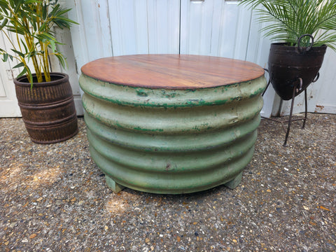 Large Vintage Industrial Round Ribbed Barrel Drum Coffee Table