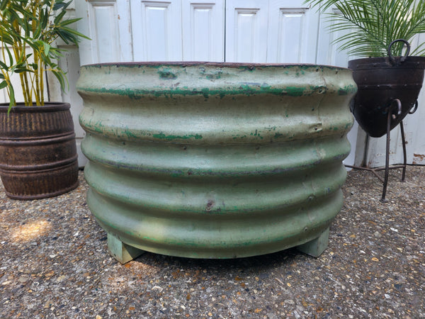 Large Vintage Industrial Round Ribbed Barrel Drum Coffee Table