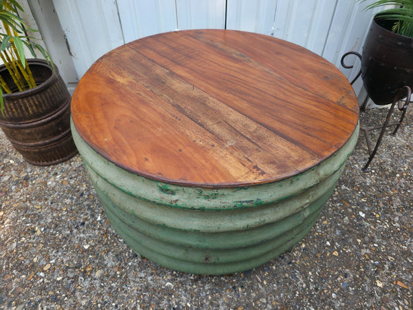 Large Vintage Industrial Round Ribbed Barrel Drum Coffee Table