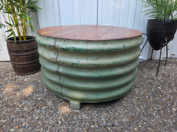 Large Vintage Industrial Round Ribbed Barrel Drum Coffee Table