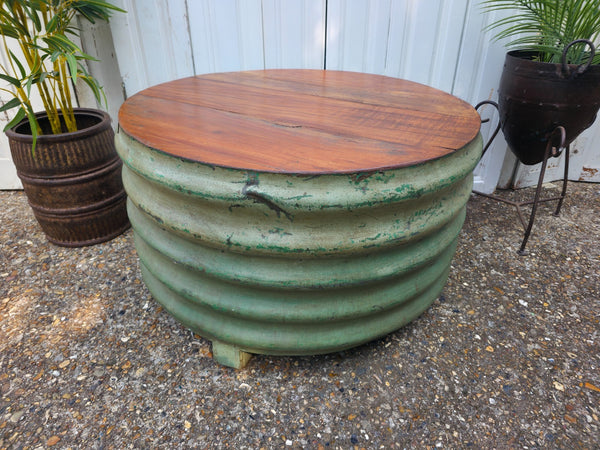 Large Vintage Industrial Round Ribbed Barrel Drum Coffee Table