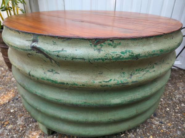 Large Vintage Industrial Round Ribbed Barrel Drum Coffee Table