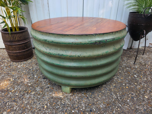 Large Vintage Industrial Round Ribbed Barrel Drum Coffee Table