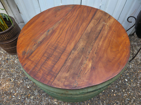 Large Vintage Industrial Round Ribbed Barrel Drum Coffee Table