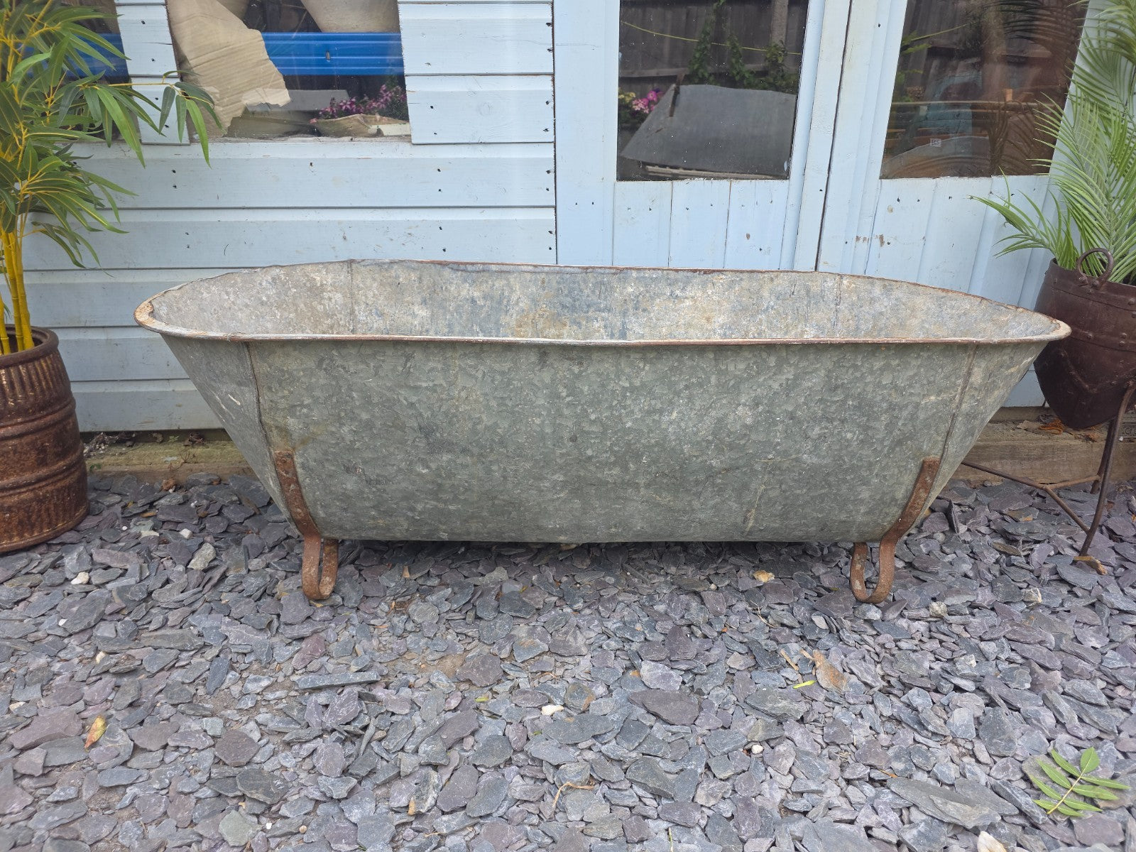 Large Vintage Hungarian Galvanised Tin Bath Tub Trough Garden Pond Herb Planter