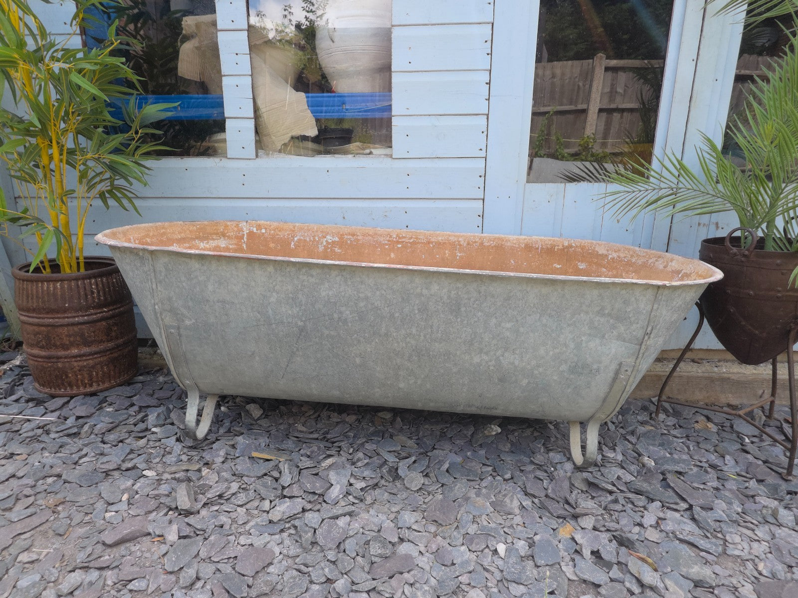 Large Vintage Hungarian Galvanised Tin Bath Tub Trough Garden Pond Herb Planter
