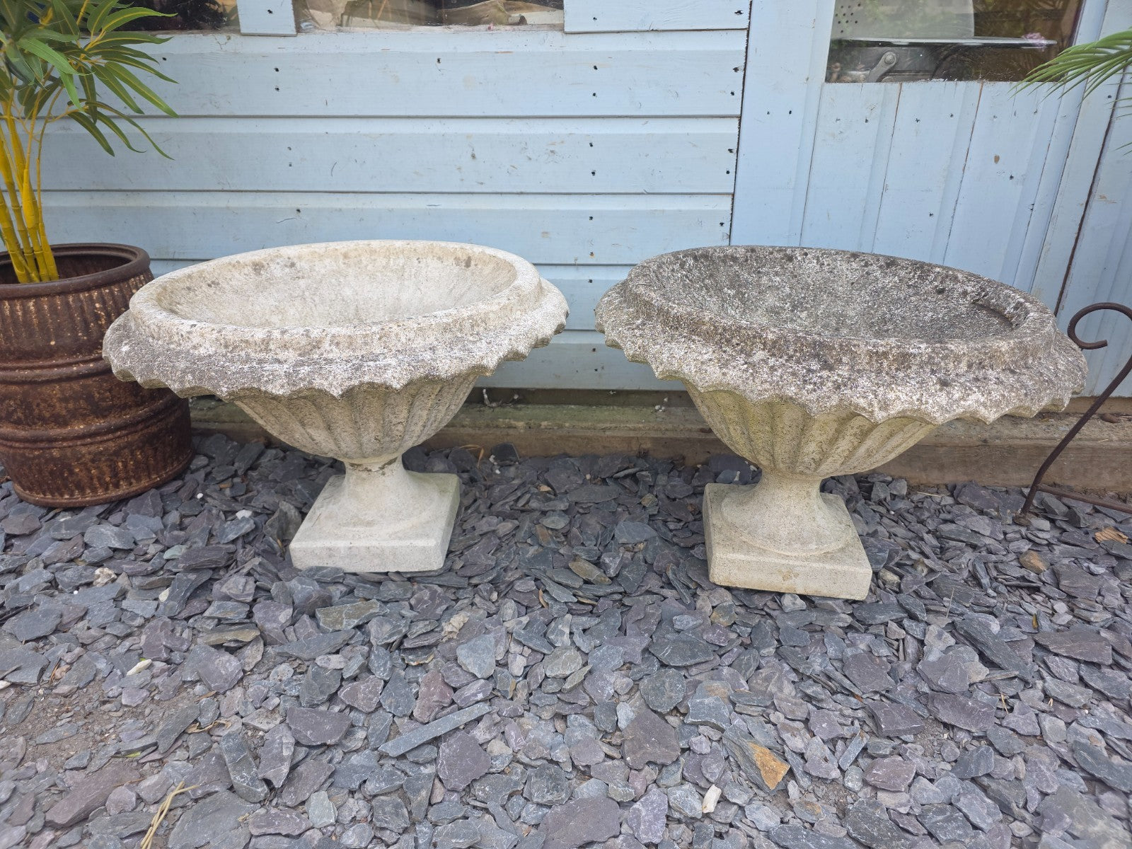 Pair Vintage Large Heavy Composite Stone Fluted Urns Garden Planter