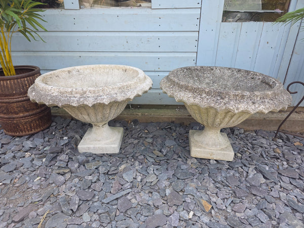 Pair Vintage Large Heavy Composite Stone Fluted Urns Garden Planter